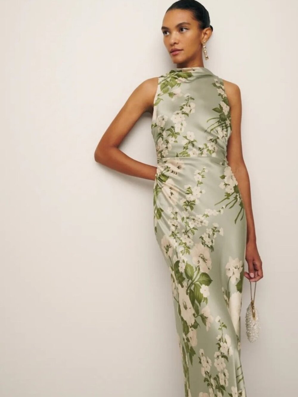 NEW Reformation Anaiis Long Silk Dress Tarragon Green Floral | size 0 - Picture 5 of 16